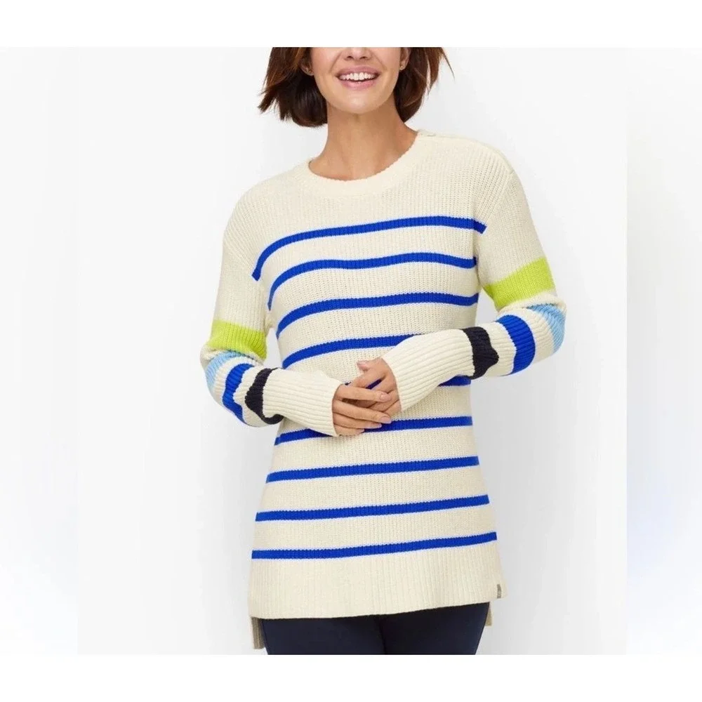 Talbots Multi Stripe Crewneck High-Lo Sweater Large Petite Ivory Blue Thumbholes
